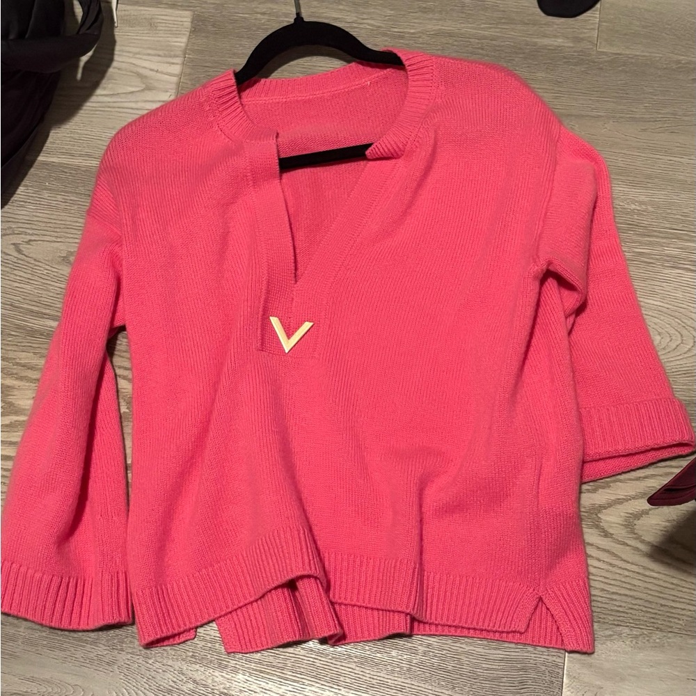 Valentino V-Neck Pink Women's 100% Cashmere cropped Sweater oversized XS